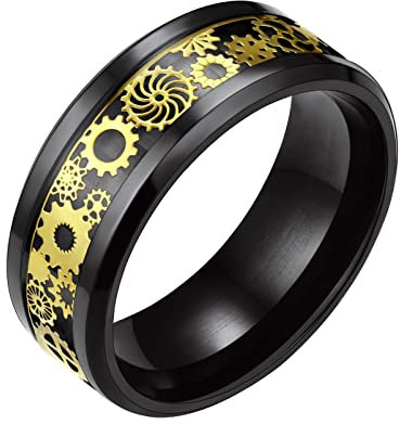 PROSTEEL Trauring Verlobungsring für Männer Schwarz hochglanzpoliert Bandring mit Kohlefaser und Zahnräder Muster Größe 64 8mm breit Modeschmuck Accessoire für Partnerschaft Freundschaft