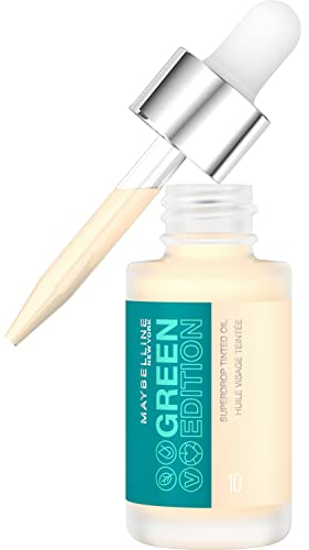 Maybelline New York Leichte Serum Foundation, Serum-Makeup für aufbaubare Deckkraft und ein natürliches Finish, Green Edition Superdrop Tinted Dry Oil Nr. 10, 1 Stück