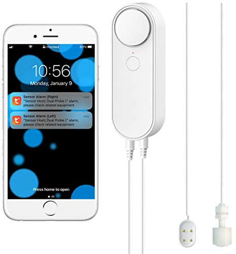 WiFi Water Leak / Water Level 2 In 1 Detector, Smart Water Sensor Alarms, Detached 2 M Dual Detection Line, Left and Right Dual Alarms, Remote App Monitoring, Dual Alerts, AAA Battery Powered