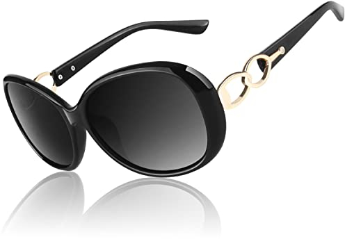 CGID Womens Ladies Sunglasses Polarised Retro Designer Sun Glasses Black Big Frame Oversized Shades UV Protection Goggles Rhinestones Grey Lens