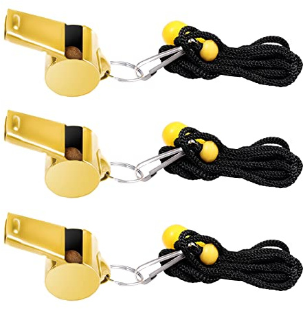 SAVITA 3 Stück Edelstahl Pfeifen mit Lanyard Premium Metal Whistle Survival Sportpfeifen Lauter für Outdoor-Aktivitäten Sportunterricht Trainer Coach Schiedsrichter Lehrer Emergency (Golden)
