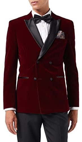 Men’s Velvet Double Breasted Tuxedo Suit Jacket Smoking Dinner Blazer Retro Classic Tailored Fit (40, Burgundy)