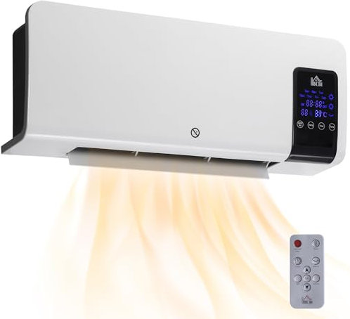 HOMCOM Calefactor Eléctrico de Pared 1000W/2000W Calefactor de Baño con Función de Oscilación Mando a Distancia Temporizador Protección contra Sobrecalentamiento 54,5x12x21,5 cm Blanco