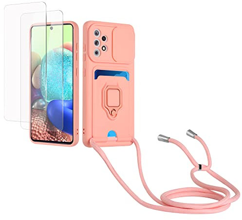 Kaslly Cordon de Coque Compatible avec Samsung Galaxy A53 5G(2022)+[2 Pièces Verre Trempé],Couvercle Coulissant de la Caméra+Support Annulaire à 360 Degrés,Fentes pour Cartes Silicone Case-Rose
