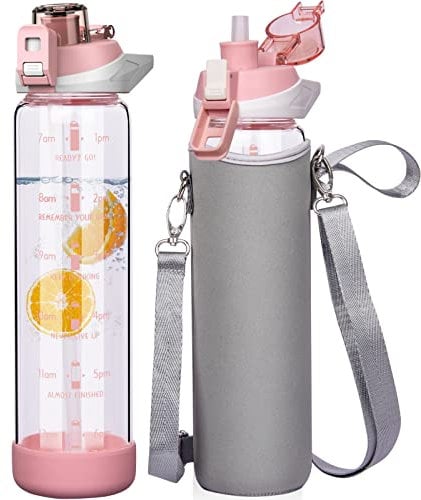 Seekua 1l Sport Gourde Verre avec Paille & Heure de Motivation 1 litre grande Bouteille d'eau Verre Réutilisable sans BPA avec Marqueur de Temps