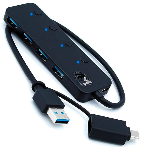 AM Technology Designer - Hub Usb 3.2 - Hub Usb C 3.2 Alimentato - Ciabatta multipresa USB - Sdoppiatore USB per PC/Mac/PS4/PS5/Xbox/TV/Auto/Smartphone - Interruttori ON/OFF +Led+Adattatore USB-C