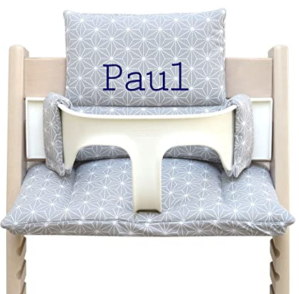 Blausberg Baby - Sitzkissen Set kompatibel mit Tripp Trapp® Stokke Hochstuhl Sitzkissen mit Name personalisiert – ABWASCHBAR – Oeko-Tex Baumwolle, 6 cm Sitzpolster Happy Star Grau