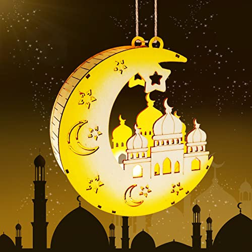 Holz Eid Mubarak Ramadan Dekoration,Ramadan Deko Lampe,Ramadan Mubarak Dekoration LED-Licht,Eid Mubarak Nachtlicht,LED Muslim Ramadan Lichter,Mond und Stern Islam Mubarak Dekoration