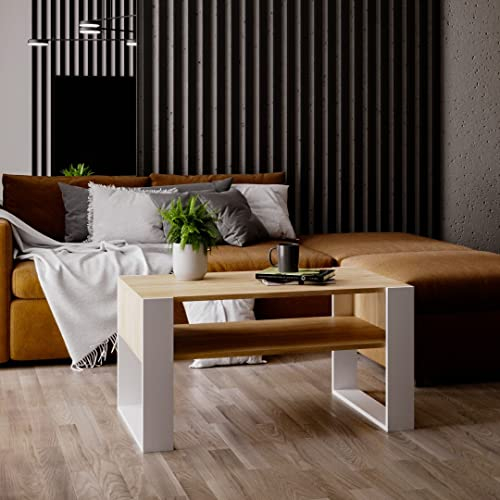 MRBLS Couchtisch – modernes rustikales Design – Wohnzimmer-Tisch Beistelltisch Kaffeetisch Sofatisch Teetisch aus Holz (Eiche - Weiß Matt) - 92 x 45 x 53,6 cm (B/H/T)