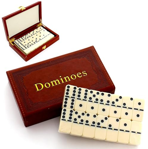 QLSKI Domino, 28 Blatt Miamine Dominosteine in schönen Geschenkverpackung aus Leder, Brettspiele für drinnen, Jaques of London Holzspielzeug, Spielzeug für Erwachsene und Kinder, lustige Spiele.