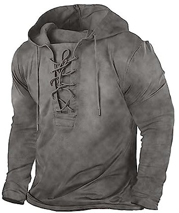 Beotyshow Men's Vintage Hoodie Long Sleeve Shirt Men Lace Up Hooded Long Sleeve Shirt Distressed Casual Outdoor Tactical Pullover Shirt with Hood, 1-grey, M