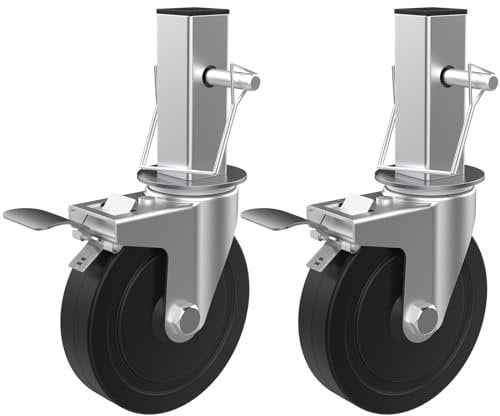 MSWY 5 Inch Scaffolding Casters, Set of 2 Heavy Duty Baker Scaffold Wheels with Dual Locking Brakes, Rubber Casters Square 1.25 Stem Replacement for 6ft Baker Scaffold, 300LBS Capacity per Caster