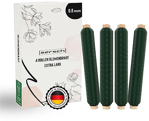 4X 125g Rollen SERSCH® Blumendraht - Extrem robust Zum binden von Kränzen und Blumensträußen 0,8 mm stark Witterungsbeständiger und reißfester Wickeldraht Grüner Basteldraht auf Holzwickel