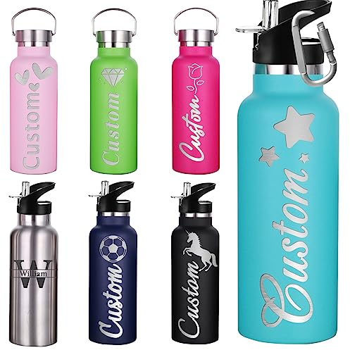 Aolun Personalised Water Bottles Custom Sports Water Bottles With Logo Name Engraved insulated water Flask with straw With Cover For Women Men (750ml/350ml)