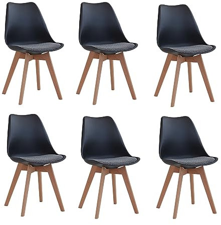 BenyLed Lot de 6 Chaise de Salle à Manger Scandinave, Chaises de Cuisine Modernes avec Coussin en Tissu, Chaises D'appoint en Lin avec Pieds en Hêtre (Noir-Tissu)