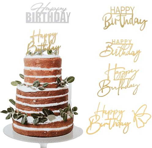 Ouligay 6Pcs Happy Birthday Cake Toppers Side Mirror Acrylic Cake Topper Glitter Happy Birthday Cupcake Toppers Birthday Decorations for Birthday Wedding DIY Cake Party Supplies
