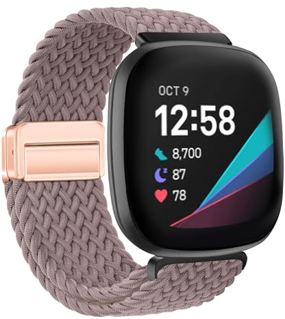 XMUXI Geflochtene Uhrenarmband Kompatibel mit Fitbit Sense 2/Sense/Fitbit Versa 4/Versa 3 Armband Damen Herren, Magnet Nylon Elastisches Ersatzarmband for Fitbit Armband, Lila