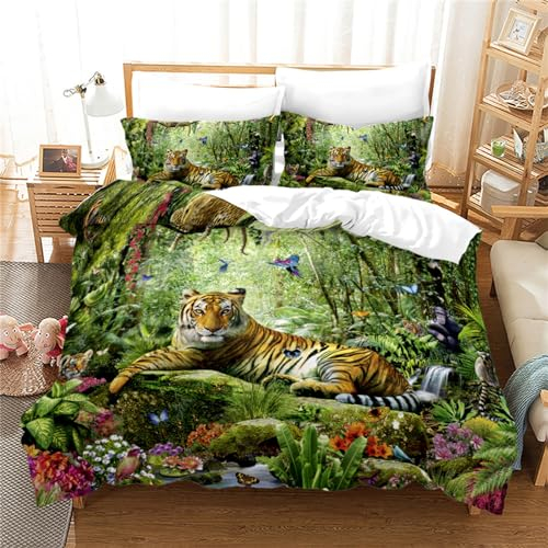 OaKita Tiger Bettwäsche Wald Tiger Thema Grün Pflanze Tiermotiv Bettbezug Weich Mikrofaser Bettbezug mit Reißverschluss und 2 Kissenbezug 80x80cm (A05,135x200cm/80x80cm)
