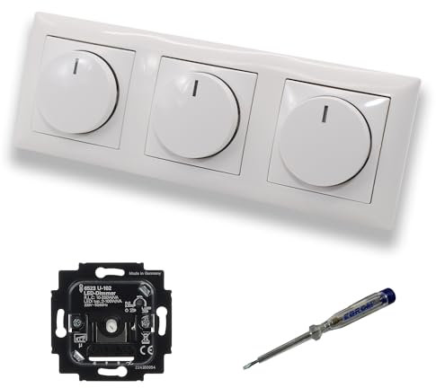 Busch Jäger 6523U-102 (3 Stück) LED Drehdimmer Dimmer + Dimmerscheiben 2115-914 in BalanceSi alpinweiß glänzend im 3-fach Rahmen inkl. EBROM Phasenprüfer zur Montage der Geräte 6523 U - 102