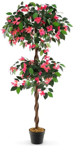 COSTWAY Albero di Buganvillea Artificiale 140 CM, Pianta Finta con 252 Fiori, 630 Foglie e Tronco in Legno Reale, Piante Artificiali in Vaso per Decorazione di Casa e Ufficio