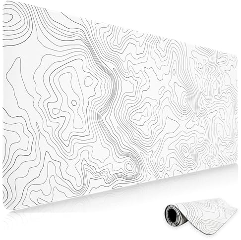 Niviy Alfombrilla Ratón xxl Mapa Topográfico Blanco Alfombrilla Escritorio Gaming 900x400 mm de Goma Antideslizante para Hogar/Oficina con Bordes Cosidos