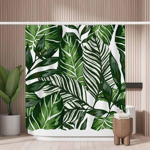 Woutay Shower Curtain Mould Proof Resistant Tropical Palm Leaves,Water Repellant Fabric,Polyester,with 12 Plastic Hooks