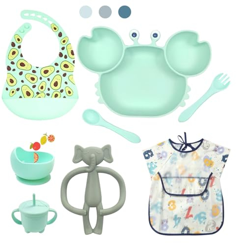 ASENME Set completo de aprendizaje, babero de silicona, cubiertos silicona Vajillas (Turquesa)