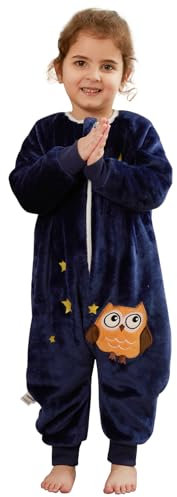 Schlafsack mit Füßen Baby Schlafanzug, Warm Flannel Winterschlafsack Strampler, Winter Schlummersack mit Beinen Ärmeln Pyjamas Kinder Schlafoverall Mädchen Junge Eule 100 2-3 Jahre