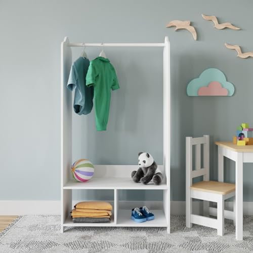 URBNLIVING Kids MDF Wooden Hanging Clothes Rail Wardrobe Storage Display Shelves & Mirror Freestanding Wardrobe (White)