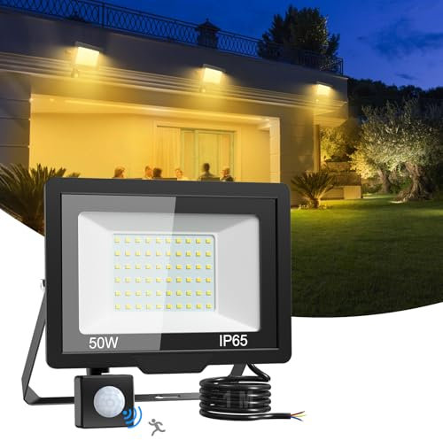 vighep Outdoor Security Lights Motion Sensor - 50W 5000Lumens Led Flood Lights Mains Powered, IP65 Waterproof Pir Light Outdoor,Spot Lighting for Outside, Garage, Warehouse, Playground(Warm White)