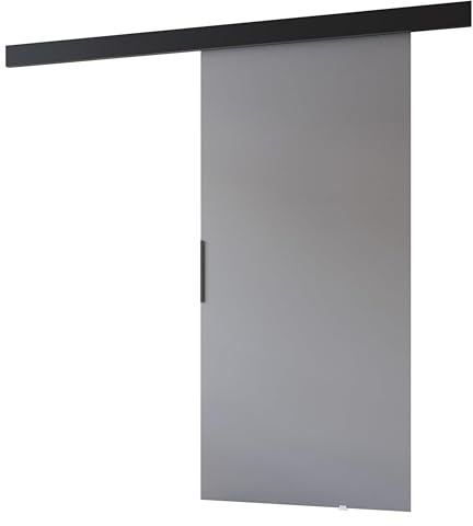 MINIO go for it - Schiebetür PRIM A, Zimmertür 76 cm, Schiebetürsystem, Lacobel, Wandmontage, schwarzer Griff, Farbe: Grau/Schwarz