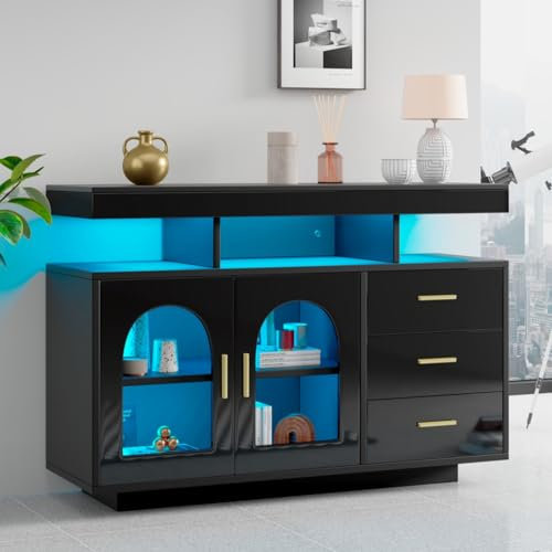 KOMHTOM Buffet de Salle à Manger - Meuble de Rangement Noir avec LED - Meubles de Chambre à Coucher et Salon Modernes - Trois tiroirs