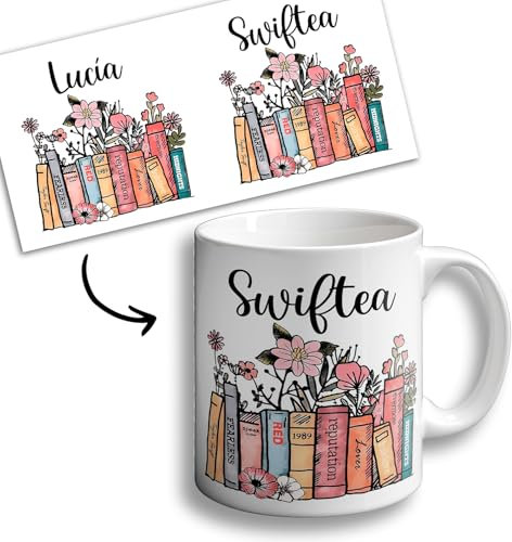 OOPS ORIGINALOOPS.COM Swiftea mug - PERSONALÍZALO CON NOMBRE - Taza Taylor - para l@s más Switeas - Discografía como libros. (SWIFTEAMUG)