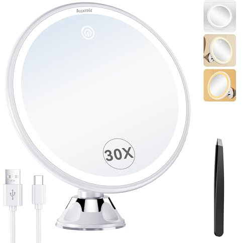 Auxmir Spiegel mit 30-facher Vergrößerung, Make-up-Spiegel mit 3 Farblichtern, 20,3 cm, wiederaufladbarer Kosmetikspiegel mit Saugnapf, 360° drehbar, dimmbarer Spiegel mit Pinzette für Zuhause und