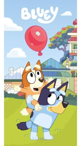 Blue und BINGO – Hunde mit Ballon – Duschtuch Strandtuch Bad Beach Towel – 100% Baumwolle – Größe 70 x 140 cm – mehrfarbig