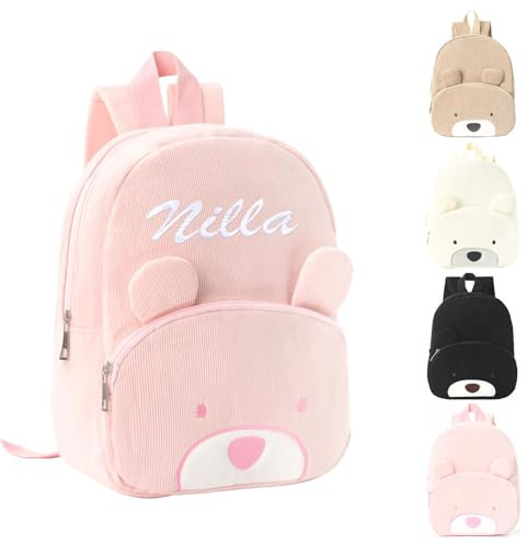 Personnalisable Sac a Dos Enfant, Broderie Petit Sac à Dos Bebe, Personnalisé Prenom Brodé Cartable Sac a Dos Enfant Maternelle Fille & Garcon, Velours Côtelé Ours Sac à Dos Ecole Crèche (Rose)