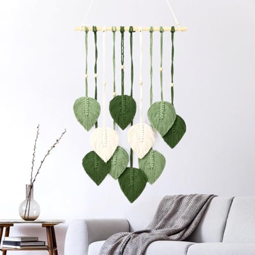 Rixotix Makramee Wandbehang Handgemacht Wandteppich Boho Deko Makramee Wandteppich mit Holzperlen und Grün Blätter Tapisserie Wandbehang Boho für Schlafzimmer Kinderzimmer Feder Wanddeko (COLOR:Grün)