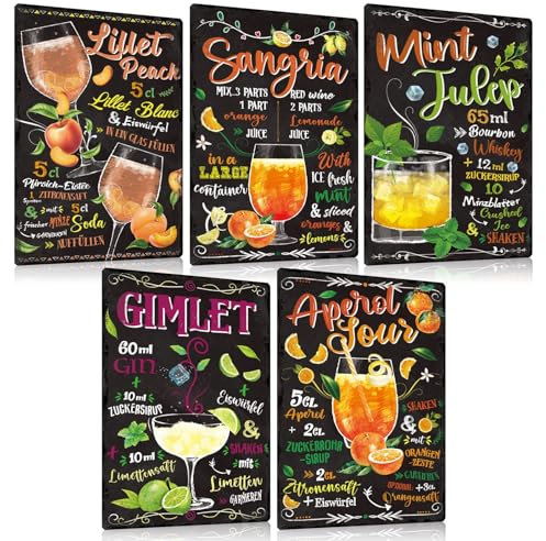 5er Set Retro Blechschilder Cocktail Rezept 20x30cm - LILLET PEACK SANGRIA GIMLET APEROL SOUR - Vintage Metall-schild Wand Decoration Geschenke für Cocktail-bar