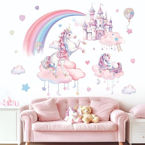 Fufuquare Entfernbare Cartoon Regenbogen Rosa Wolken Wandaufkleber Schlösser und Einhörner Wandtattoo für Mädchen Schlafzimmer Wohnzimmer