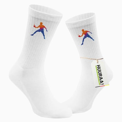 Huuraa Unisex Socken Tischtennis bunte Silhouette Geschenk | Baumwolle Tennissocken Geschenkidee Weiße Sportsocken mit Motiv Unisex Baumwollsocken für Frauen und Männer