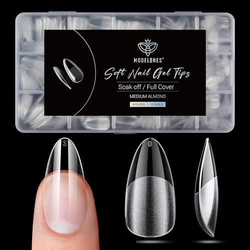 Modelones Nageltips 510 Stück- Full Cover Nail Tips Set,Gel Tips Set, Pre-Buff PMMA Harz Nagelspitzen, Künstliche Nägel Zum Aufkleben Nail Art DIY, 15 Size Spitze Mandel