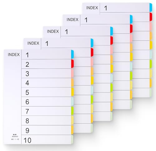A4 File Dividers 5 Packs, 10 Part Coloured Multi Hole Punched Tabbed Index Dividers for Lever Arch Files and Ring Binders, Durable Paper Organizers for Office,Home Document Management