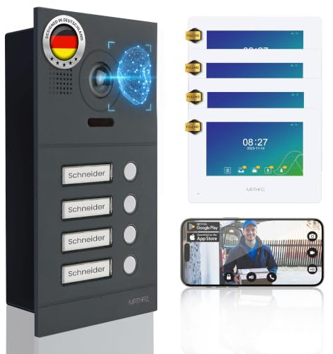Mathfel Videoportero IP de 2 hilos con apertura de puerta, cámara Full HD, monitor de 7 pulgadas y control de aplicación, timbre de vídeo inteligente con intercomunicador (antracita, 4 timbres)