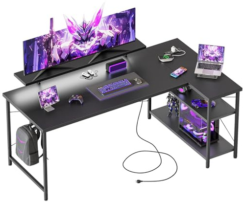 Mericonia Reversible Corner Desk, w. Led & Power Outlets, 140x70cm, Black | Reversible L-shaped desk w. Monitorstand & 2 Hooks, Height-adjustable Shelf, Gaming computer desk for home & office