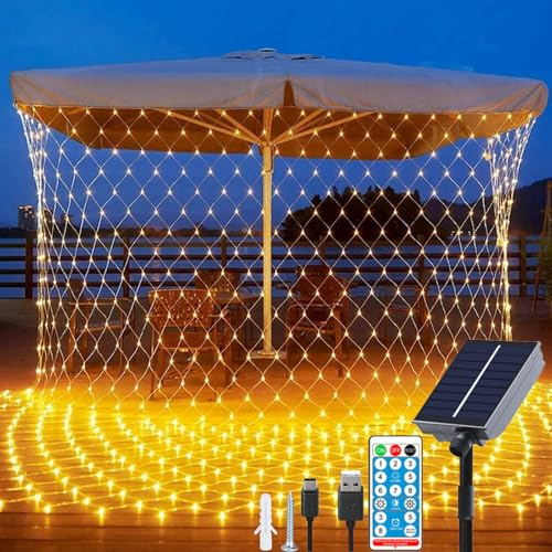 Fonysien Solar Net Lights 3 * 2M 192LEDs Net Mesh Lights Outdoor with Remote & 8Modes, Waterproof Solar Garden Light for Lawn, Bushes, Trees Christmas Decorations