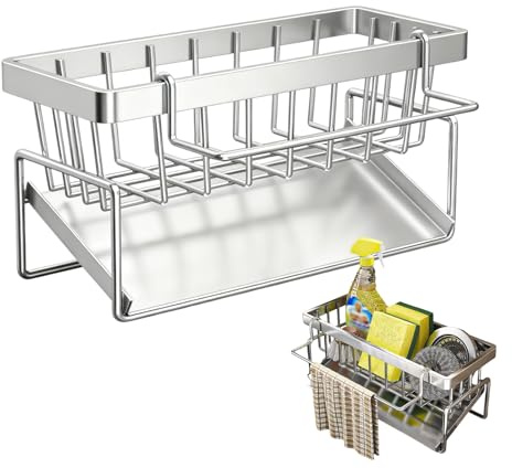 Rieoany Plata Organizador Fregadero, Acero Carbono Organizador Cocina Fregadero con Bandeja De Drenaje Autodrenante Y Soporte para Trapos, Adecuado para Almacenamiento En Cocina Y Baño