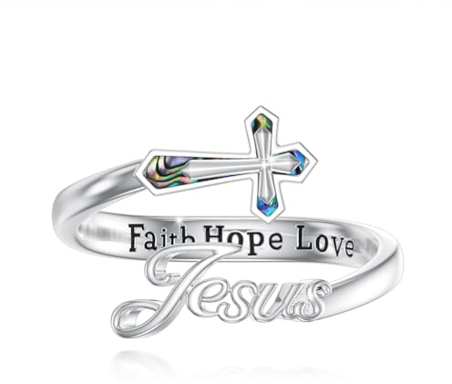 ABIGY 925 Sterling Silber Jesus Ring, Kreuzring mit Gravur für Damen | Jesus-Kreuzring aus 925 Sterling Silber mit Gravur Faith Hope Love als religiöses Schmuckstück für Damen.