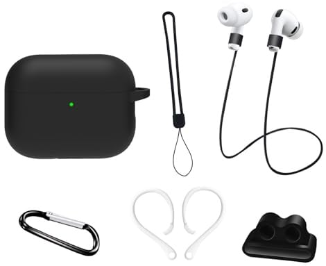 Funda Protectora de Silicona Compatible con Apple AirPods Pro 3.ª generación (2025): AIYAAIYA Juego de Accesorios 6 en 1 con Soporte para Reloj/Cuerda Antipérdida/Ganchos para Las Orejas (Negro)