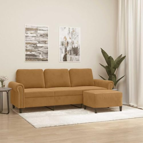 HETFTJN 3-Sitzer Samt-Sofa mit Hocker 212 x 77 x 80 cm Modernes Design Robustes Metallgestell Bequeme Sitztiefe 50 cm Braun Eckcouch für Wohnzimmer Jugendzimmer und Büro