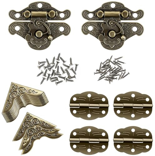 2 Set Antique Engraved Small Brass Hinges Latch Hasp for Wooden Box & Chests, Jewelry Boxs Hinge and Box Corner Protectors Hardware Kit with Matching Screws, for Decorative Cabinet Mini Wooden Boxs